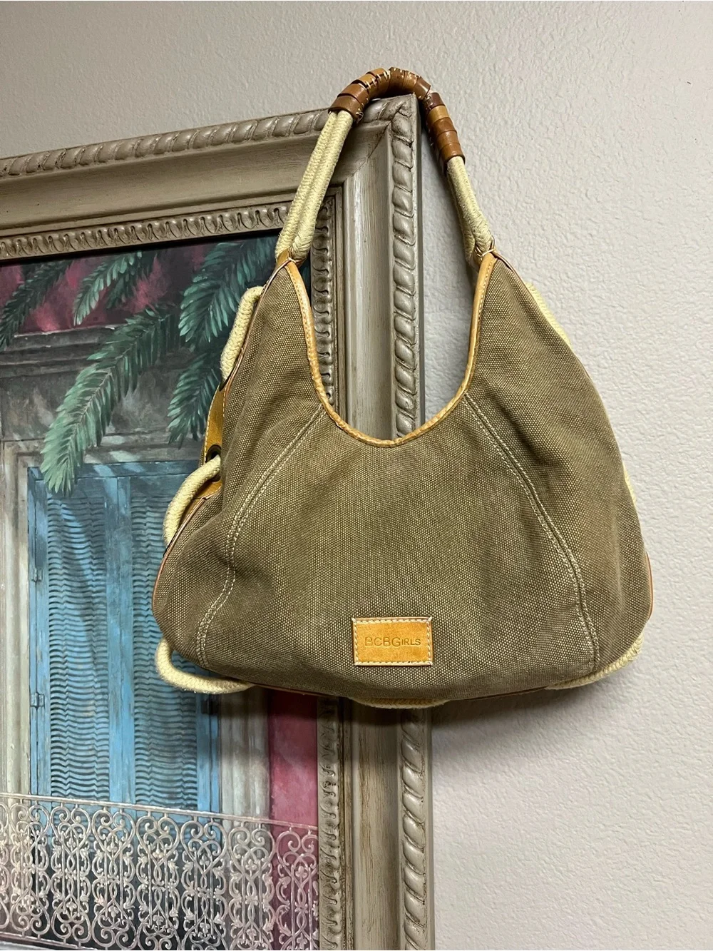 BCBGirls Olive Canvas Hobo with Tan Leather Trim